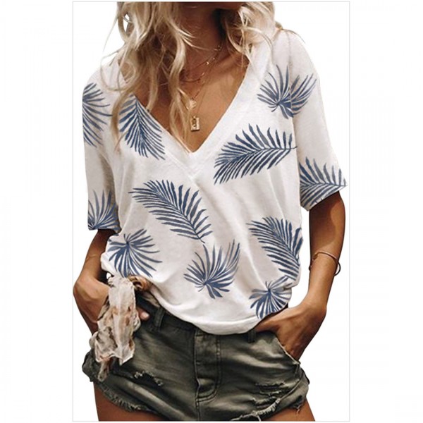 2021 European and American foreign trade summer Amazon Women's top loose print V-neck short sleeve 