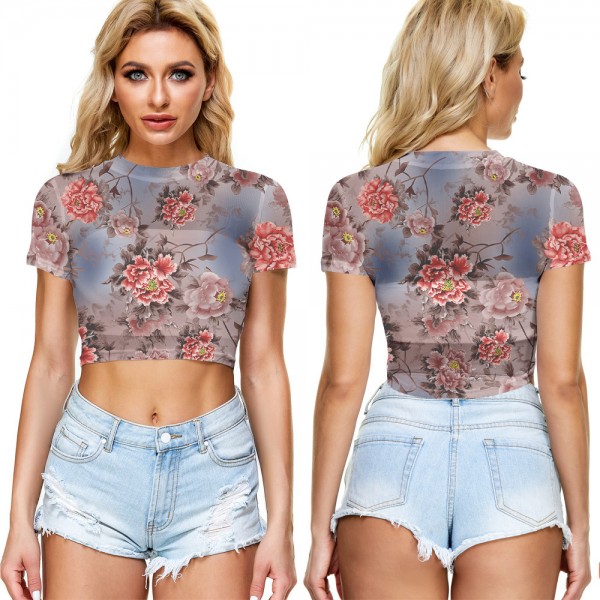 2021 New Amazon Women's cross border summer navel exposed mesh sexy short sleeve T-shirt round neck Pullover Europe and the United States 