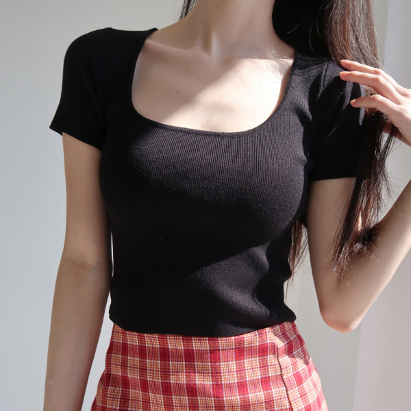 Amazon European and American slim fit T-shirt summer square neck high elastic solid color top large short sleeve belly button bottomed shirt 