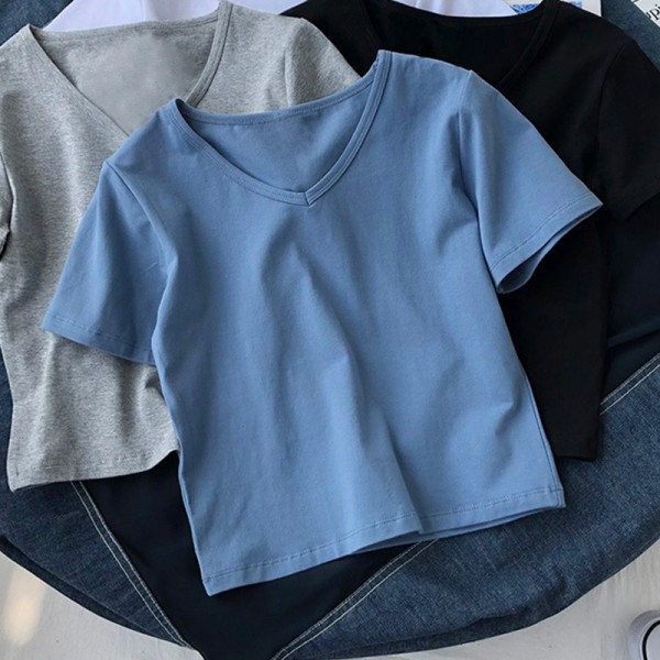 2022 European and American foreign trade women's cross-border New Amazon popular solid color V-neck short sleeve T-shirt women's summer short top 