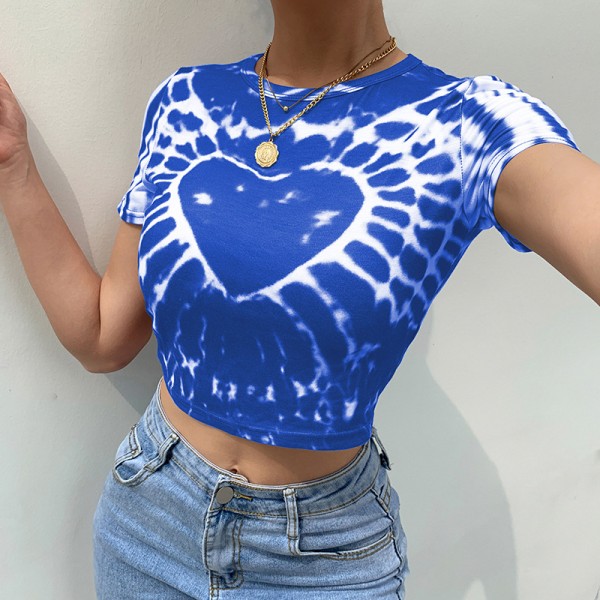 2021 spring foreign trade European and American style women's clothing personalized street love printing tie dyeing sexy navel exposed long sleeved T-shirt 