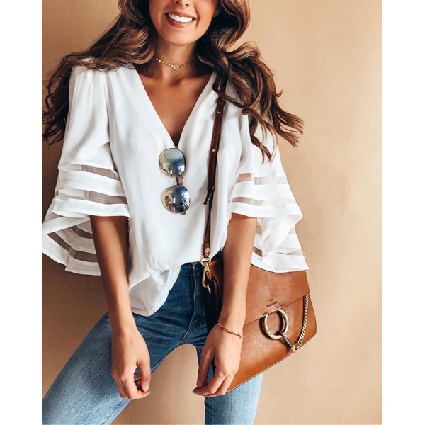 Amazon spring and summer new women's clothing express wish European and American loose large mesh splicing top 7057 