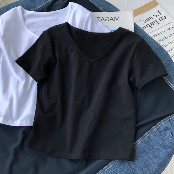 2022 European and American foreign trade women's cross-border New Amazon popular solid color V-neck short sleeve T-shirt women's summer short top 