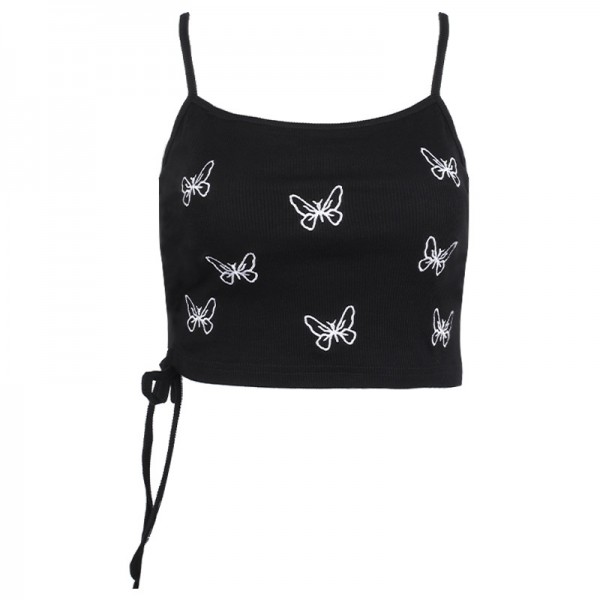 Ins suspender vest women's 2020 summer European and American style new butterfly print exposed umbilical strap drawstring bottomed top 