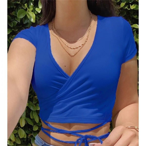 Cross border supply 2021 summer European and American new women's clothing independent station fashion sexy solid color V-neck short sleeve bandage small T-shirt 