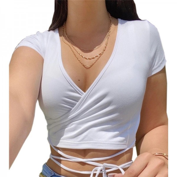 Cross border supply 2021 summer European and American new women's clothing independent station fashion sexy solid color V-neck short sleeve bandage small T-shirt 