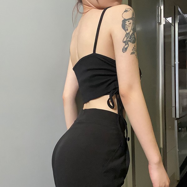 Ins suspender vest women's 2020 summer European and American style new butterfly print exposed umbilical strap drawstring bottomed top 