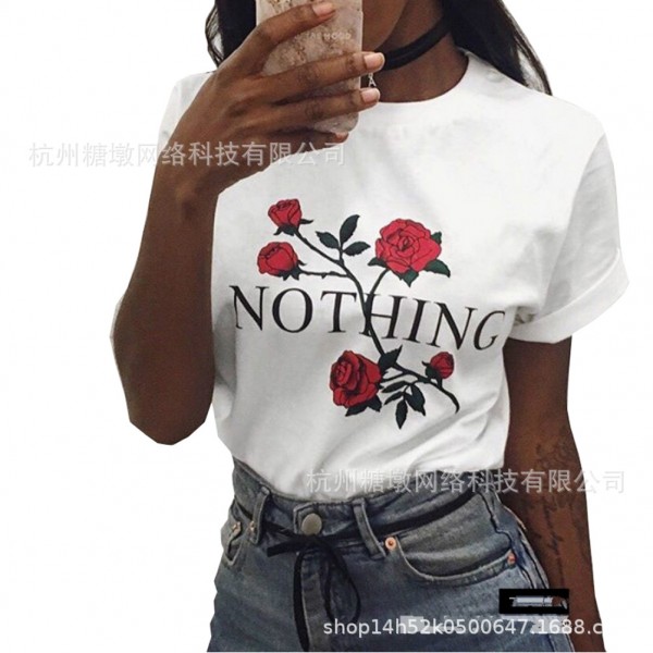 2022 Amazon independent station women's English alphabet rose printed loose T-shirt stall stock clearance 