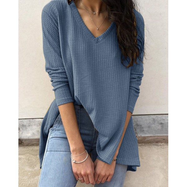 European and American women's cross-border foreign trade Amazon eBay autumn new casual loose V-neck bottomed shirt long sleeve T-shirt women 