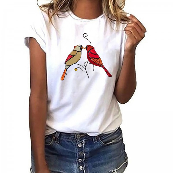 Wishebay foreign trade European and American women's loose round neck white bird print short sleeve T-shirt 