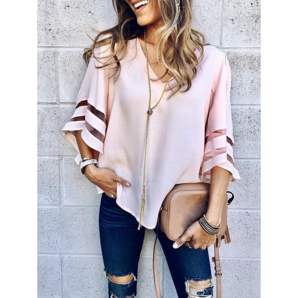 Amazon spring and summer new women's clothing express wish European and American loose large mesh splicing top 7057 