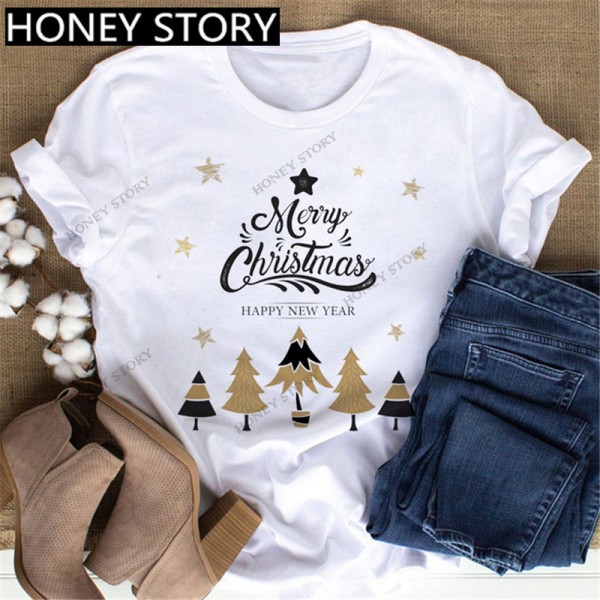 European and American Express New Christmas cartoon cute Santa elk reindeer printed men's and women's T-shirt 
