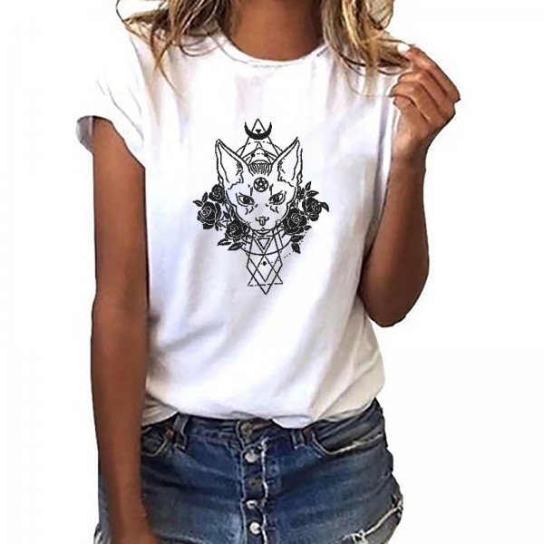 Wishebay foreign trade European and American women's loose round neck white bird print short sleeve T-shirt 