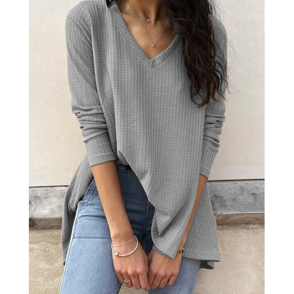 European and American women's cross-border foreign trade Amazon eBay autumn new casual loose V-neck bottomed shirt long sleeve T-shirt women 