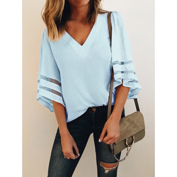 Amazon spring and summer new women's clothing express wish European and American loose large mesh splicing top 7057 