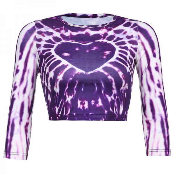 2021 spring foreign trade European and American style women's clothing personalized street love printing tie dyeing sexy navel exposed long sleeved T-shirt 