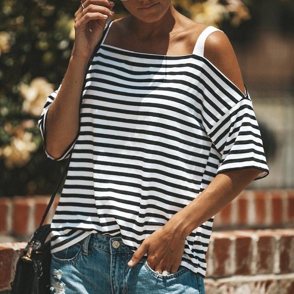 Foreign trade explosive eBay express Amazon wish European and American explosive striped short sleeved off shoulder top 
