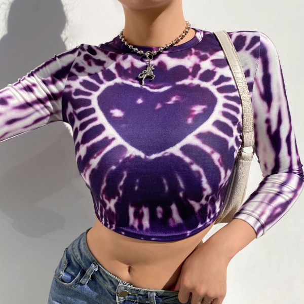 2021 spring foreign trade European and American style women's clothing personalized street love printing tie dyeing sexy navel exposed long sleeved T-shirt 