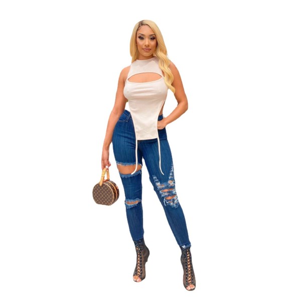8298# European and American summer new women's clothes hollow out irregular sleeveless T-shirt women's top 