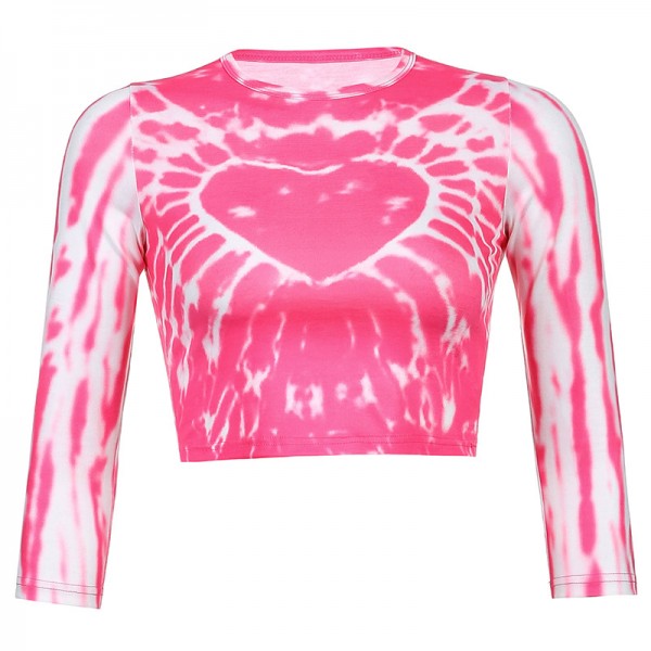 2021 spring foreign trade European and American style women's clothing personalized street love printing tie dyeing sexy navel exposed long sleeved T-shirt 