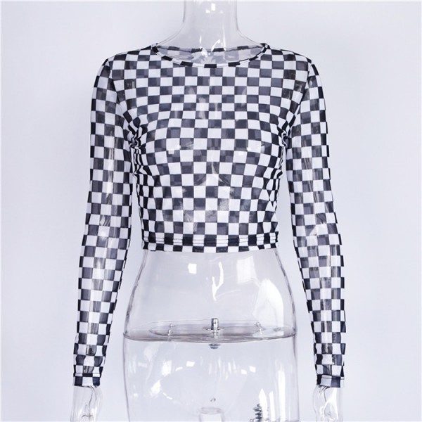 Europe and the United States 2020 spring and autumn popular women's clothing express cross-border black and white lattice round neck yarn net perspective long sleeve T-shirt women 