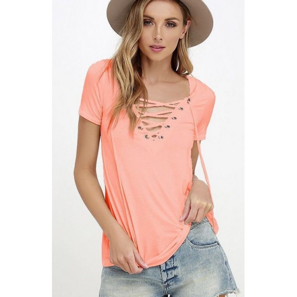Express New eBay popular summer clothes European and American sexy V-neck solid color bandage T-Shirt Top 