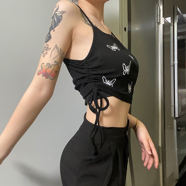 Ins suspender vest women's 2020 summer European and American style new butterfly print exposed umbilical strap drawstring bottomed top 