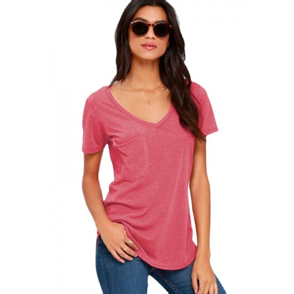 Amazon new solid color V-neck European and American fashion women's short sleeved T-shirt summer loose casual coat spot wholesale 