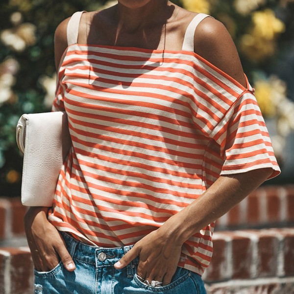 Foreign trade explosive eBay express Amazon wish European and American explosive striped short sleeved off shoulder top 