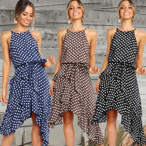 Express Amazon popular in Europe and America 2018 summer fashion wave point lace up irregular dress women's wear 