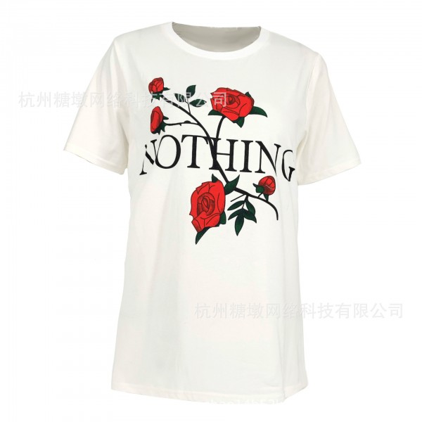 2022 Amazon independent station women's English alphabet rose printed loose T-shirt stall stock clearance 