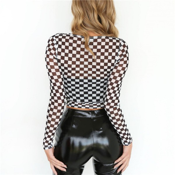 Europe and the United States 2020 spring and autumn popular women's clothing express cross-border black and white lattice round neck yarn net perspective long sleeve T-shirt women 