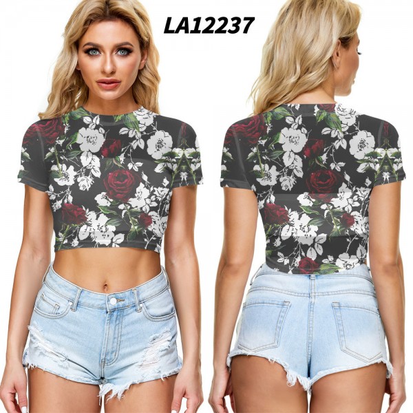 2021 New Amazon Women's cross border summer navel exposed mesh sexy short sleeve T-shirt round neck Pullover Europe and the United States 