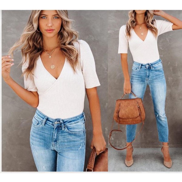 Spot comfort trend Europe and America express Amazon solid color cross V-neck slim fit bra sexy women's short sleeves 